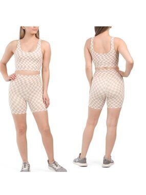WILO the label | Tan and Cream Wave Check Print Shorts | Size Extra Small